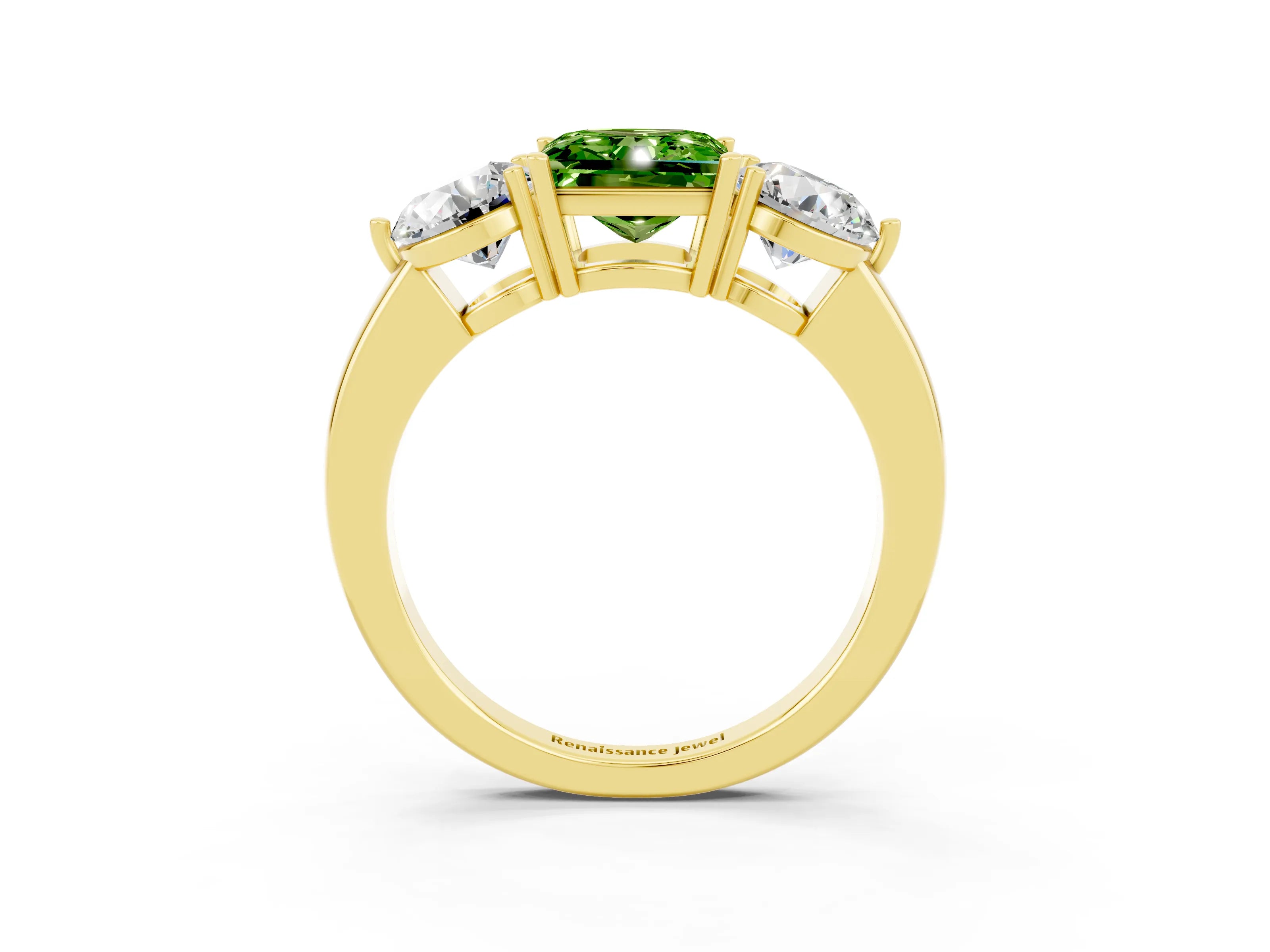 Yellow gold Princess Cut Peridot Three-Stone Ring with Prong Setting and Classic Band_3