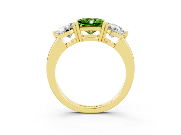 Yellow gold Princess Cut Peridot Three-Stone Ring with Prong Setting and Classic Band