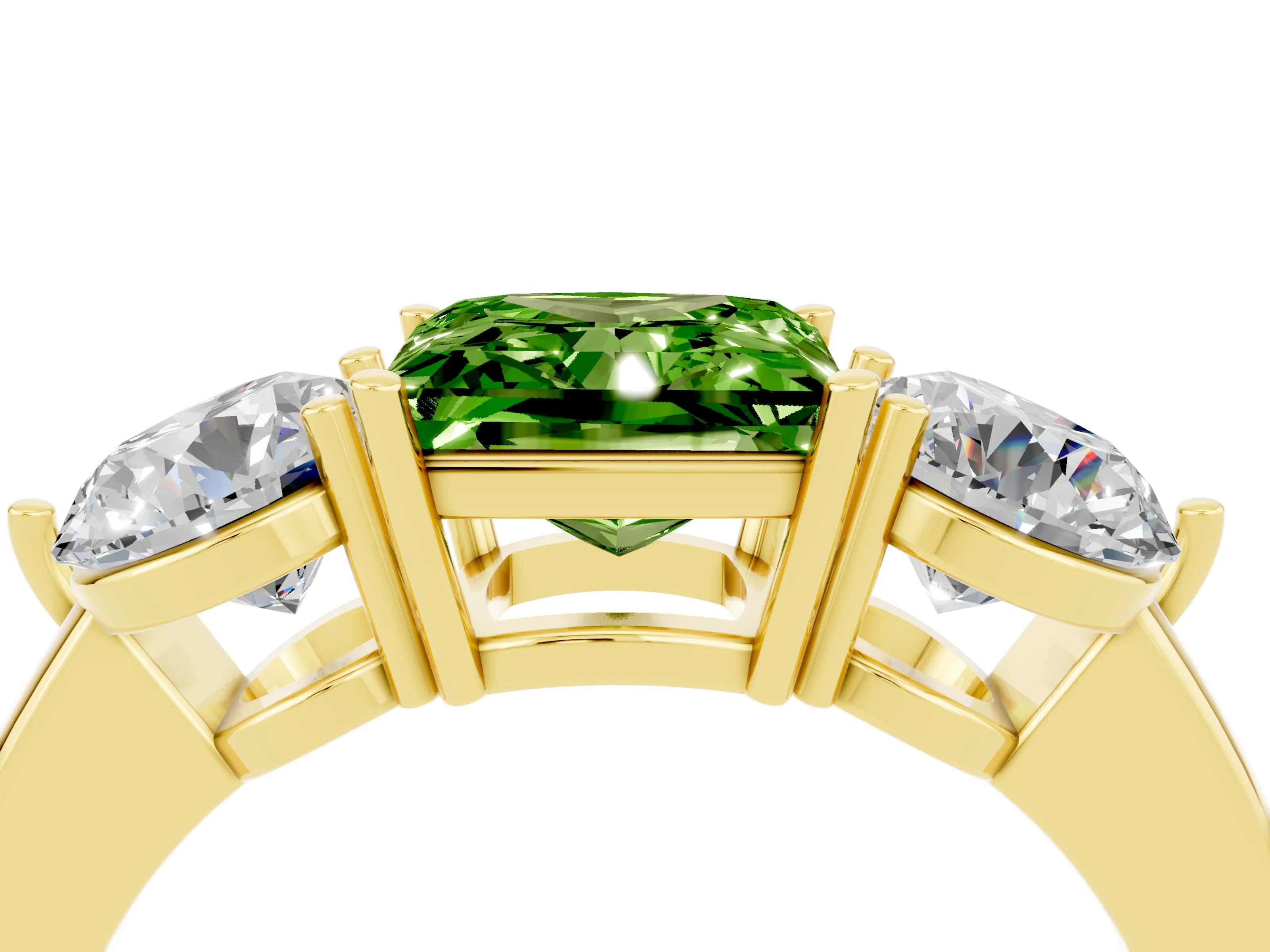 Yellow gold Princess Cut Peridot Three-Stone Ring with Prong Setting and Classic Band_4