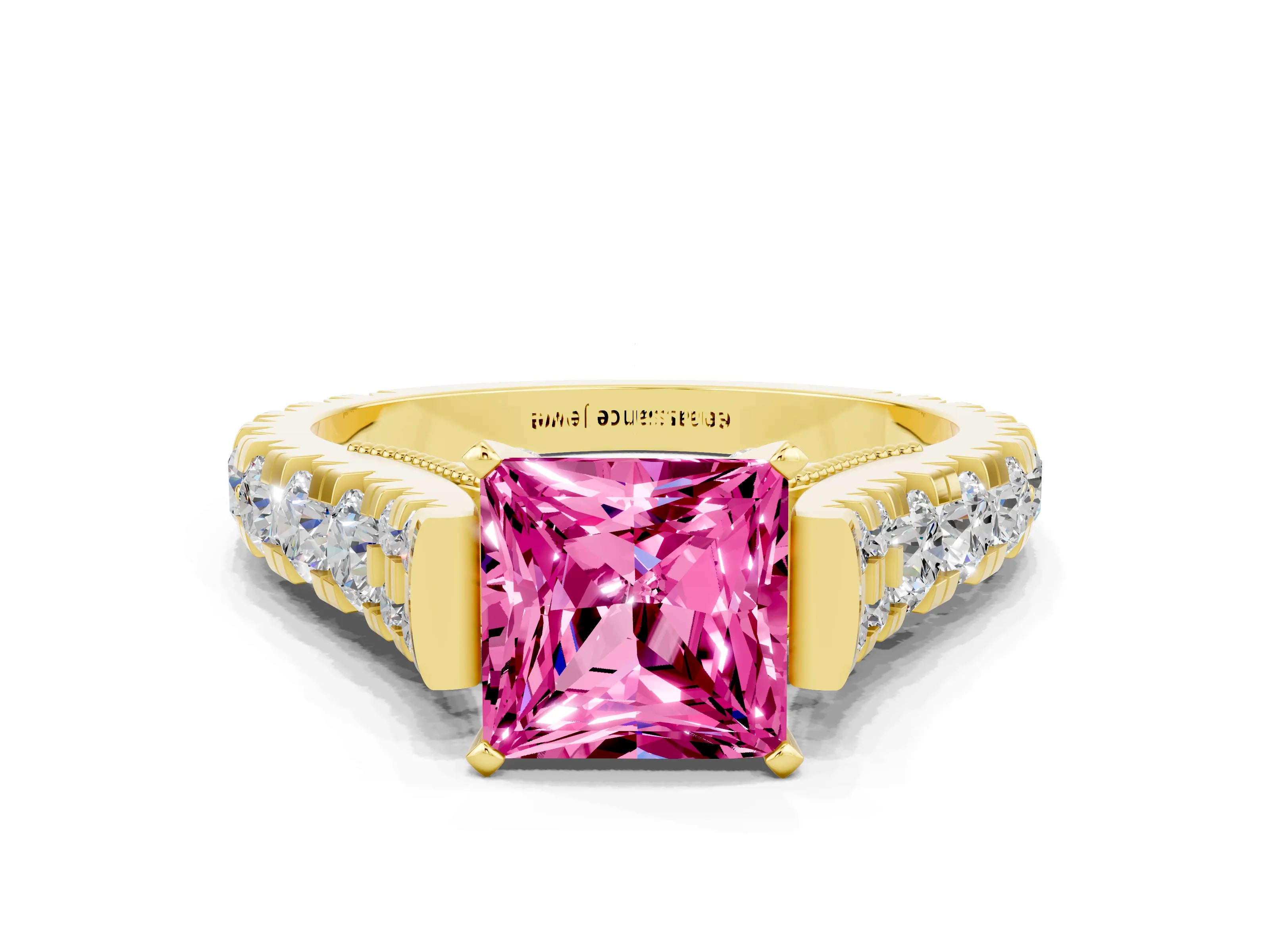 Yellow gold Princess Cut Pink Sapphire Classic Solitaire Ring with Pavé Band and Four-Prong Setting_12