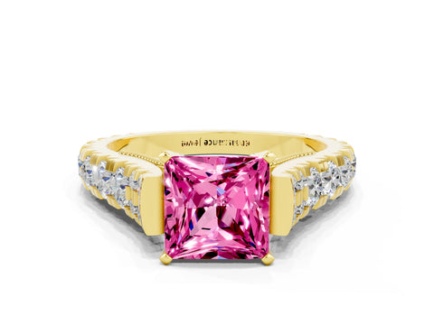 Yellow gold Princess Cut Pink Sapphire Classic Solitaire Ring with Pavé Band and Four-Prong Setting_12