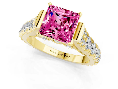 Yellow gold Princess Cut Pink Sapphire Classic Solitaire Ring with Pavé Band and Four-Prong Setting_13