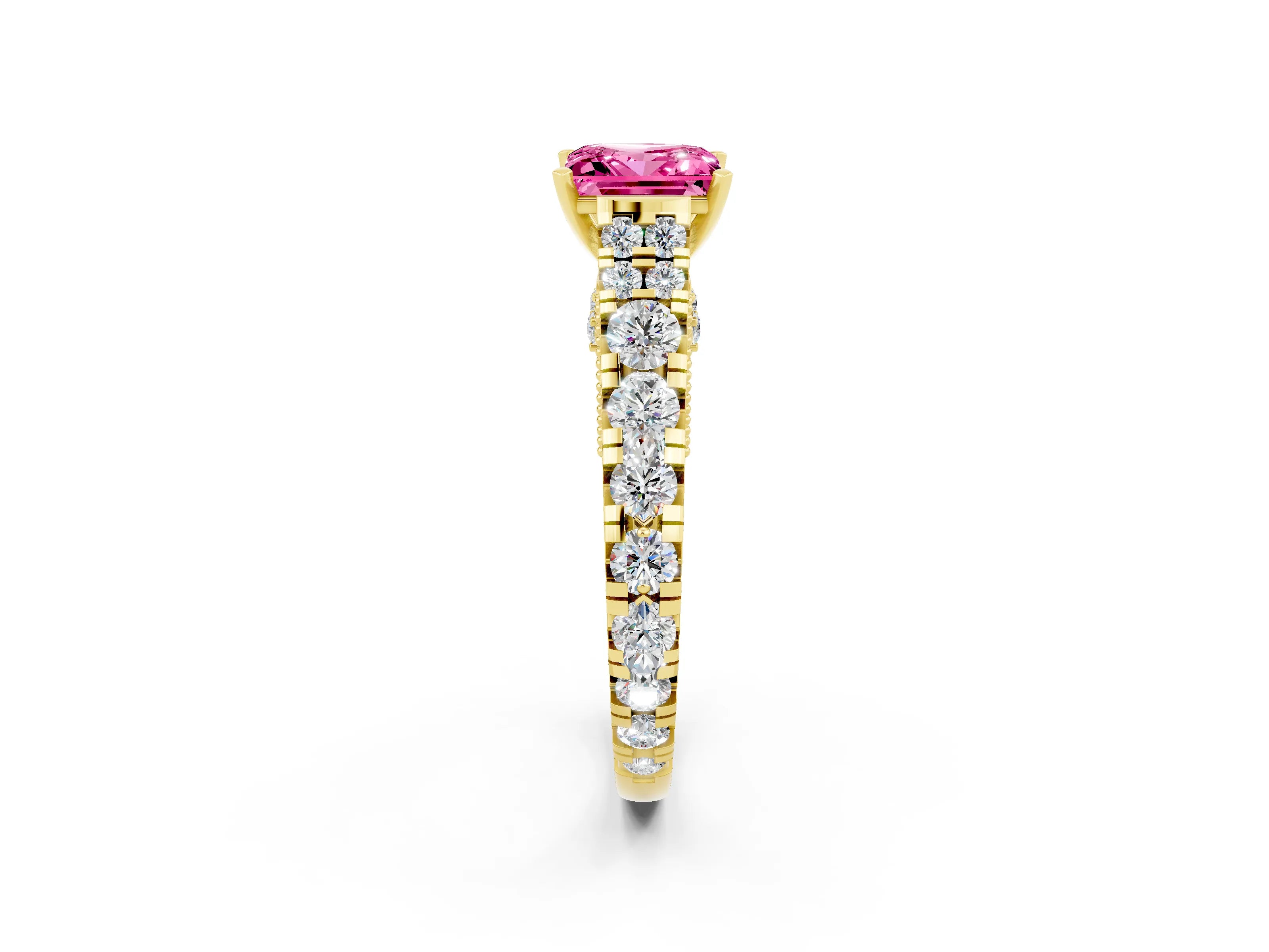 Yellow gold Princess Cut Pink Sapphire Classic Solitaire Ring with Pavé Band and Four-Prong Setting_14
