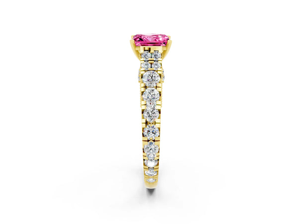 Yellow gold Princess Cut Pink Sapphire Classic Solitaire Ring with Pavé Band and Four-Prong Setting