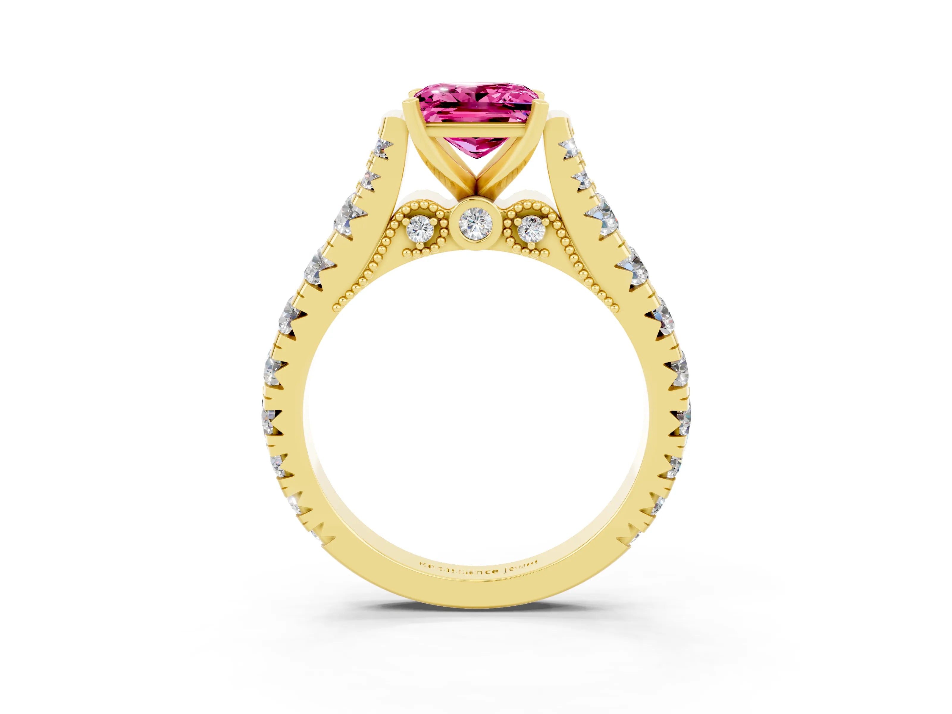 Yellow gold Princess Cut Pink Sapphire Classic Solitaire Ring with Pavé Band and Four-Prong Setting_15