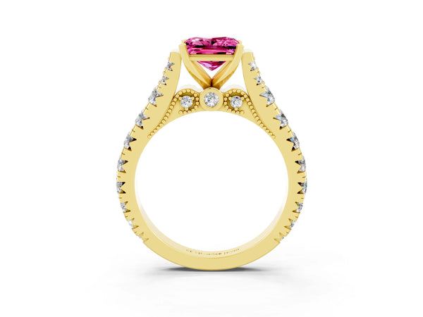 Yellow gold Princess Cut Pink Sapphire Classic Solitaire Ring with Pavé Band and Four-Prong Setting