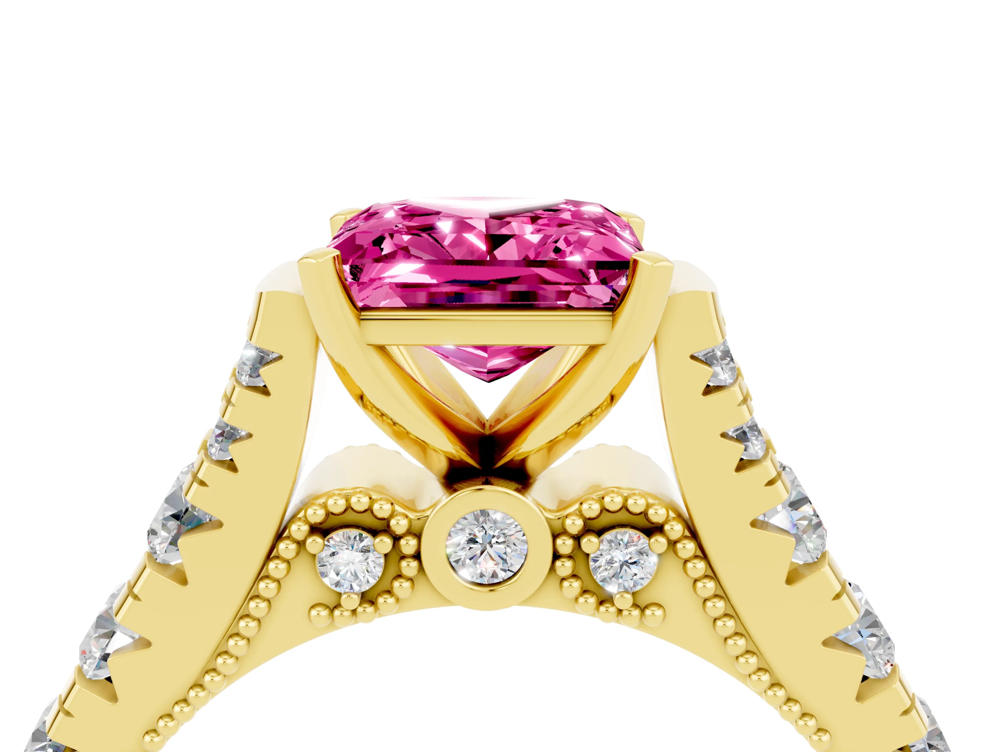 Yellow gold Princess Cut Pink Sapphire Classic Solitaire Ring with Pavé Band and Four-Prong Setting_16