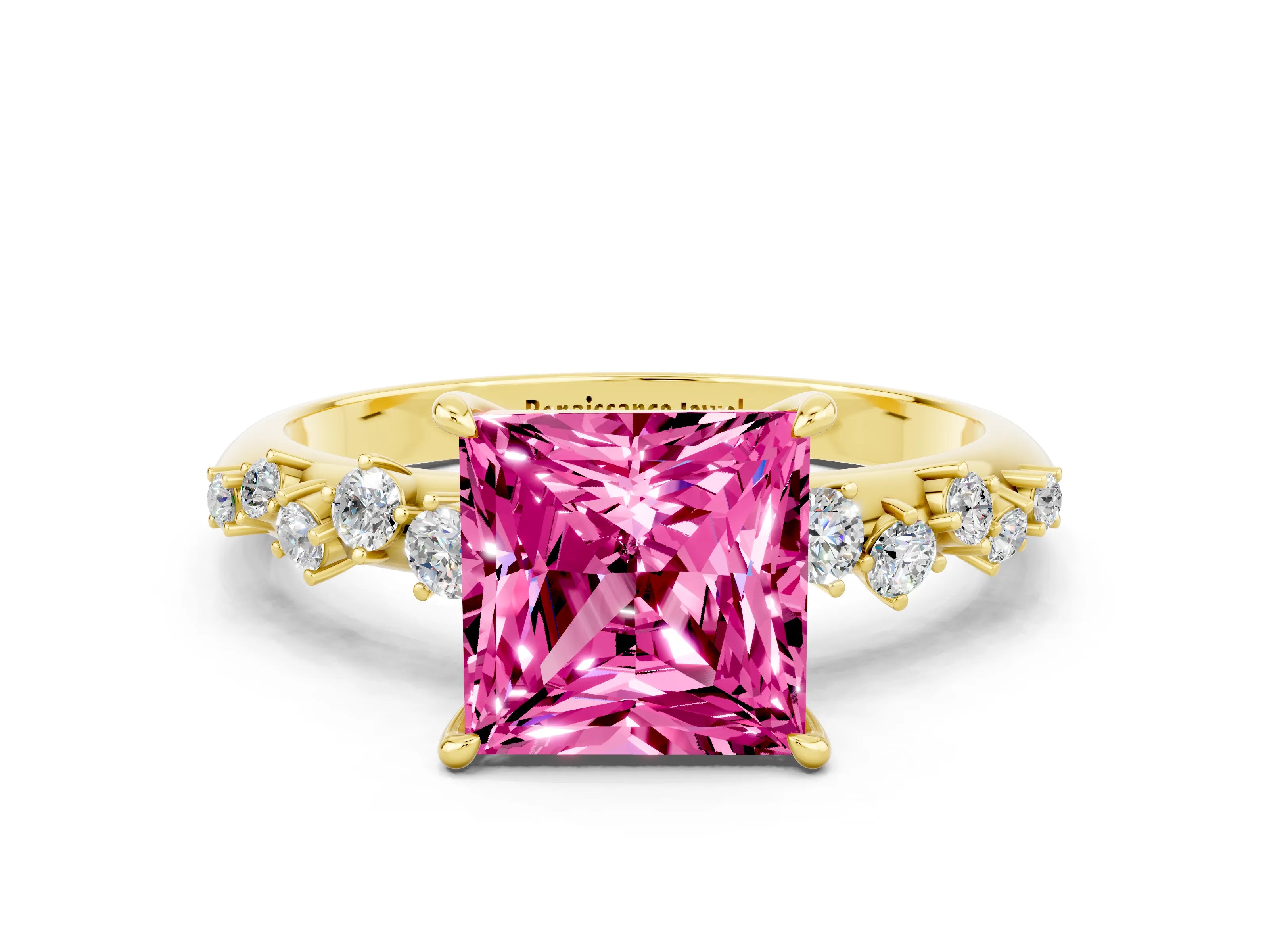 Yellow gold Princess Cut Pink Sapphire Cluster Side Stone Solitaire Ring with Prong Setting_48