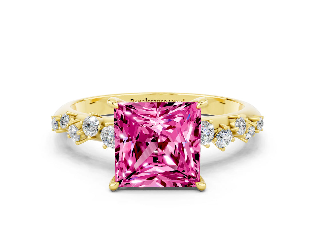 Yellow gold Princess Cut Pink Sapphire Cluster Side Stone Solitaire Ring with Prong Setting_48