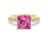 Yellow gold Princess Cut Pink Sapphire Cluster Side Stone Solitaire Ring with Prong Setting_48