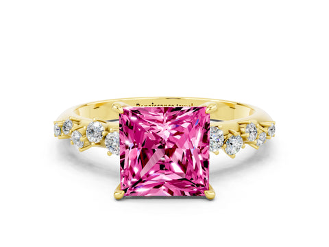 Yellow gold Princess Cut Pink Sapphire Cluster Side Stone Solitaire Ring with Prong Setting_48