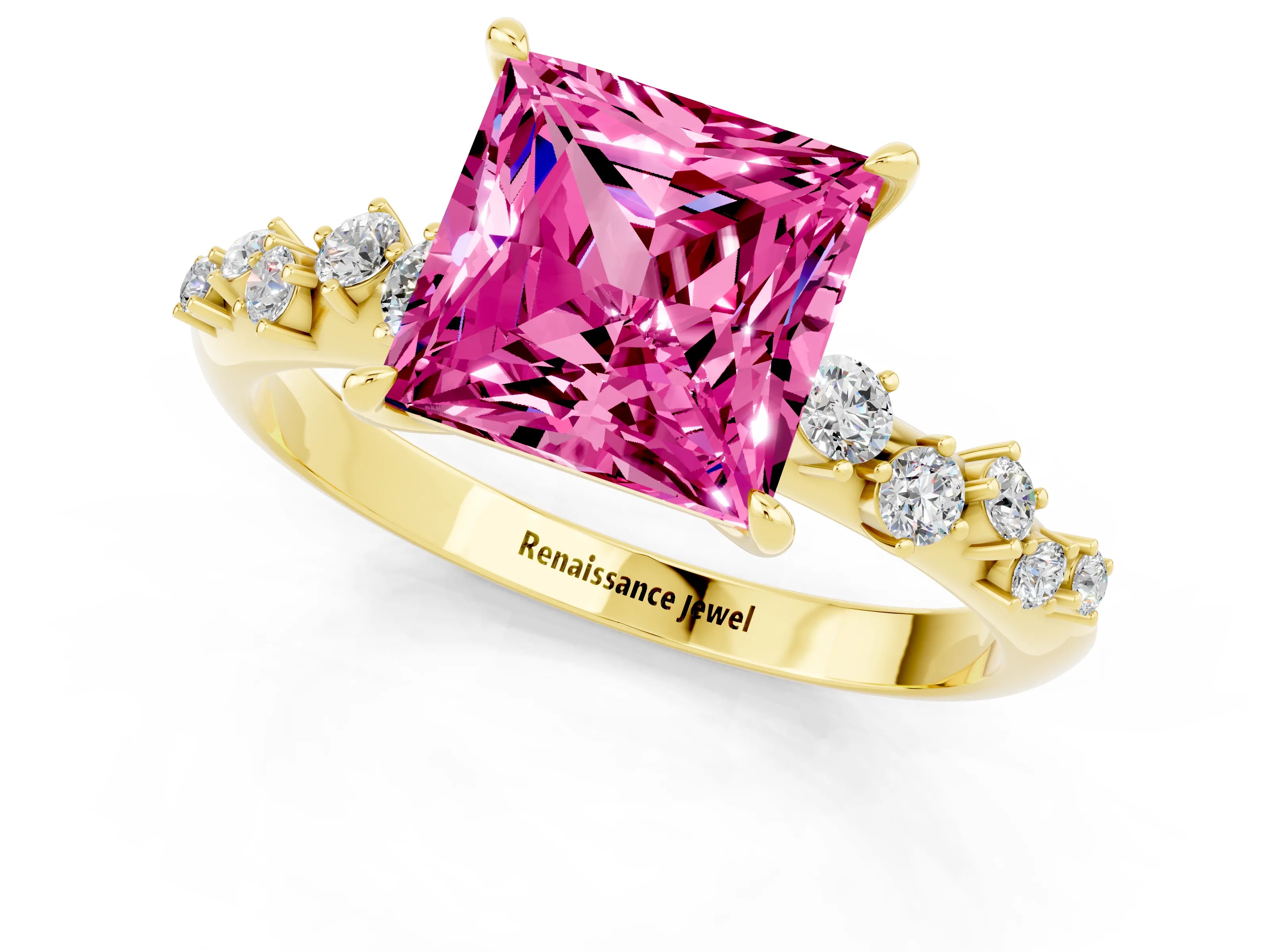 Yellow gold Princess Cut Pink Sapphire Cluster Side Stone Solitaire Ring with Prong Setting_49