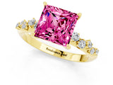Yellow gold Princess Cut Pink Sapphire Cluster Side Stone Solitaire Ring with Prong Setting_49