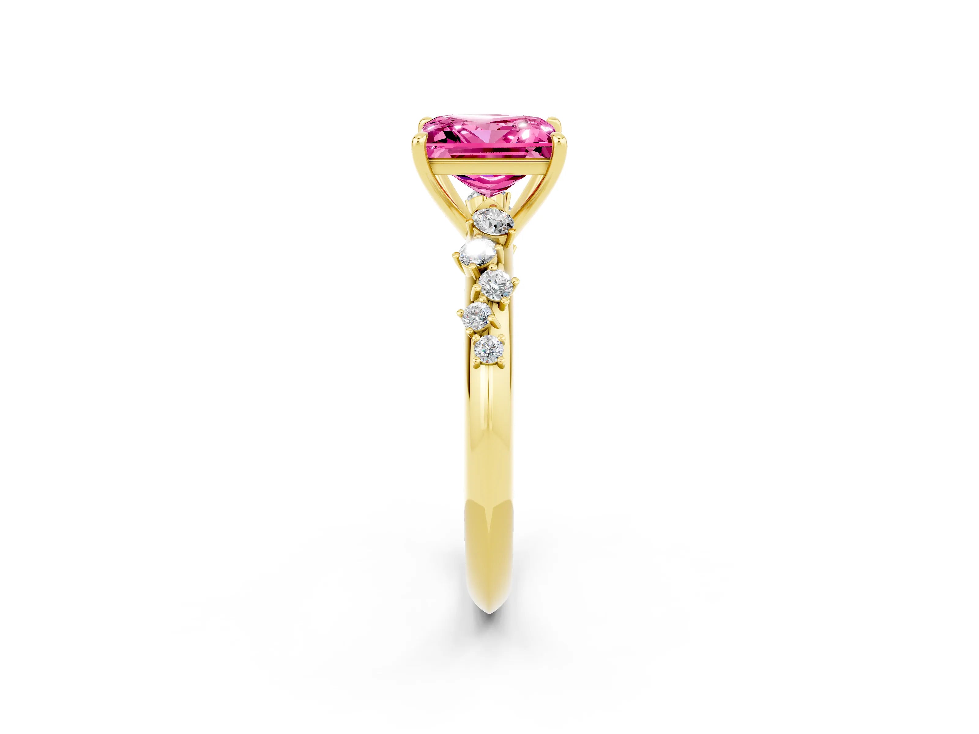 Yellow gold Princess Cut Pink Sapphire Cluster Side Stone Solitaire Ring with Prong Setting_50