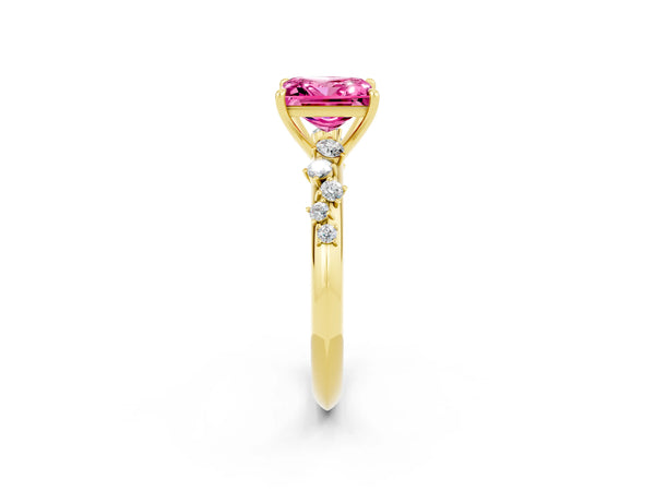 Yellow gold Princess Cut Pink Sapphire Cluster Side Stone Solitaire Ring with Prong Setting