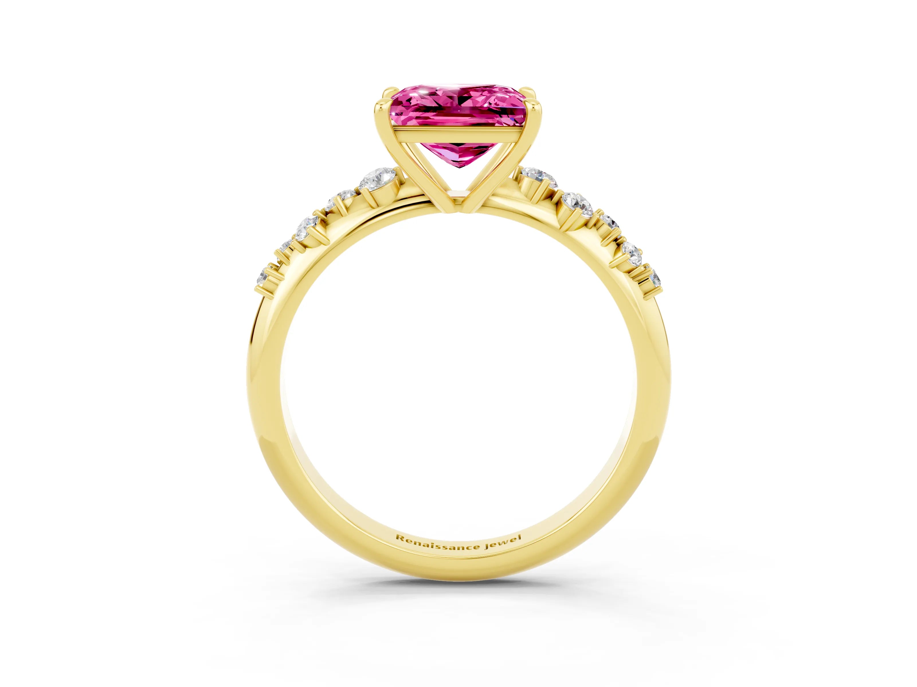 Yellow gold Princess Cut Pink Sapphire Cluster Side Stone Solitaire Ring with Prong Setting_51