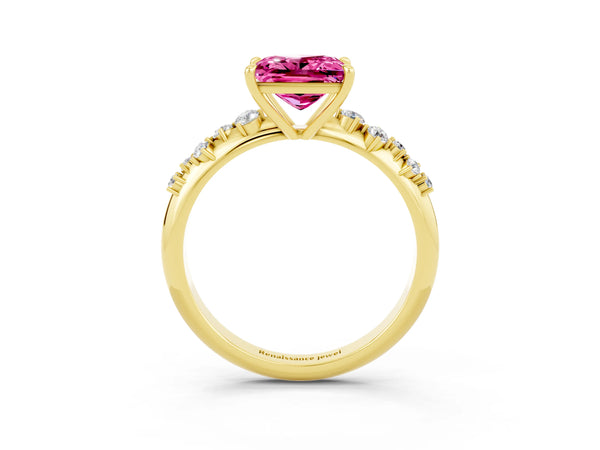 Yellow gold Princess Cut Pink Sapphire Cluster Side Stone Solitaire Ring with Prong Setting
