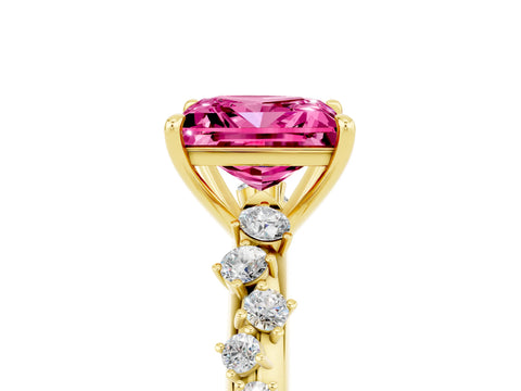Yellow gold Princess Cut Pink Sapphire Cluster Side Stone Solitaire Ring with Prong Setting_53