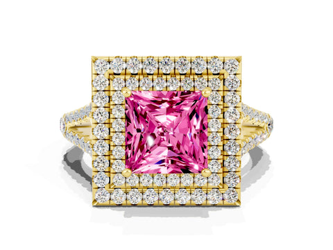 Yellow gold Princess Cut Pink Sapphire Double Halo Ring with Pavé Band and Prong Setting_12