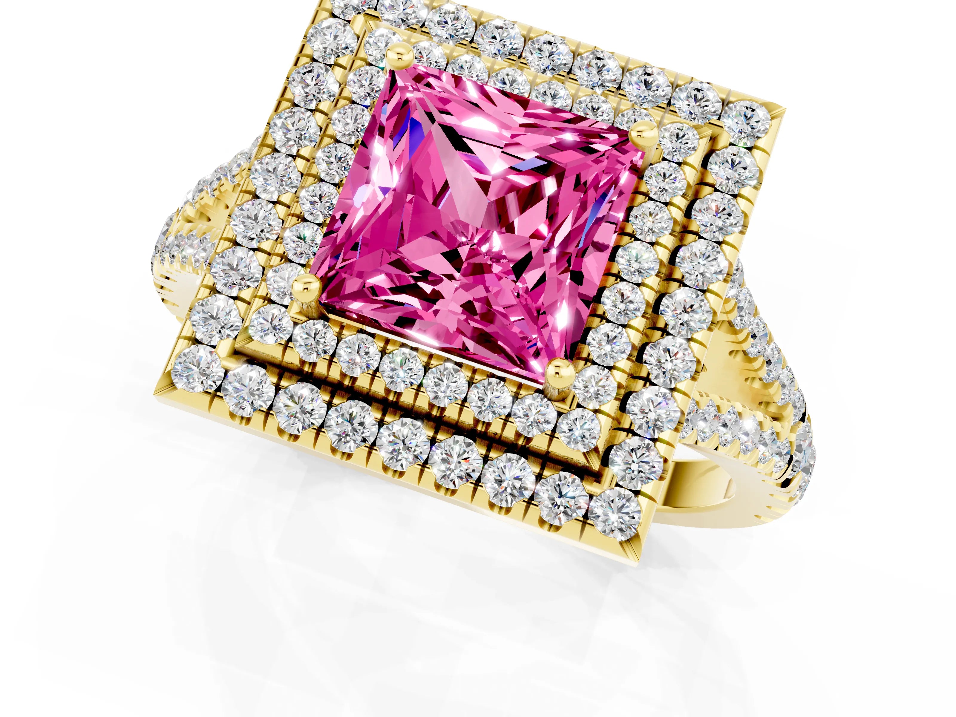 Yellow gold Princess Cut Pink Sapphire Double Halo Ring with Pavé Band and Prong Setting_13