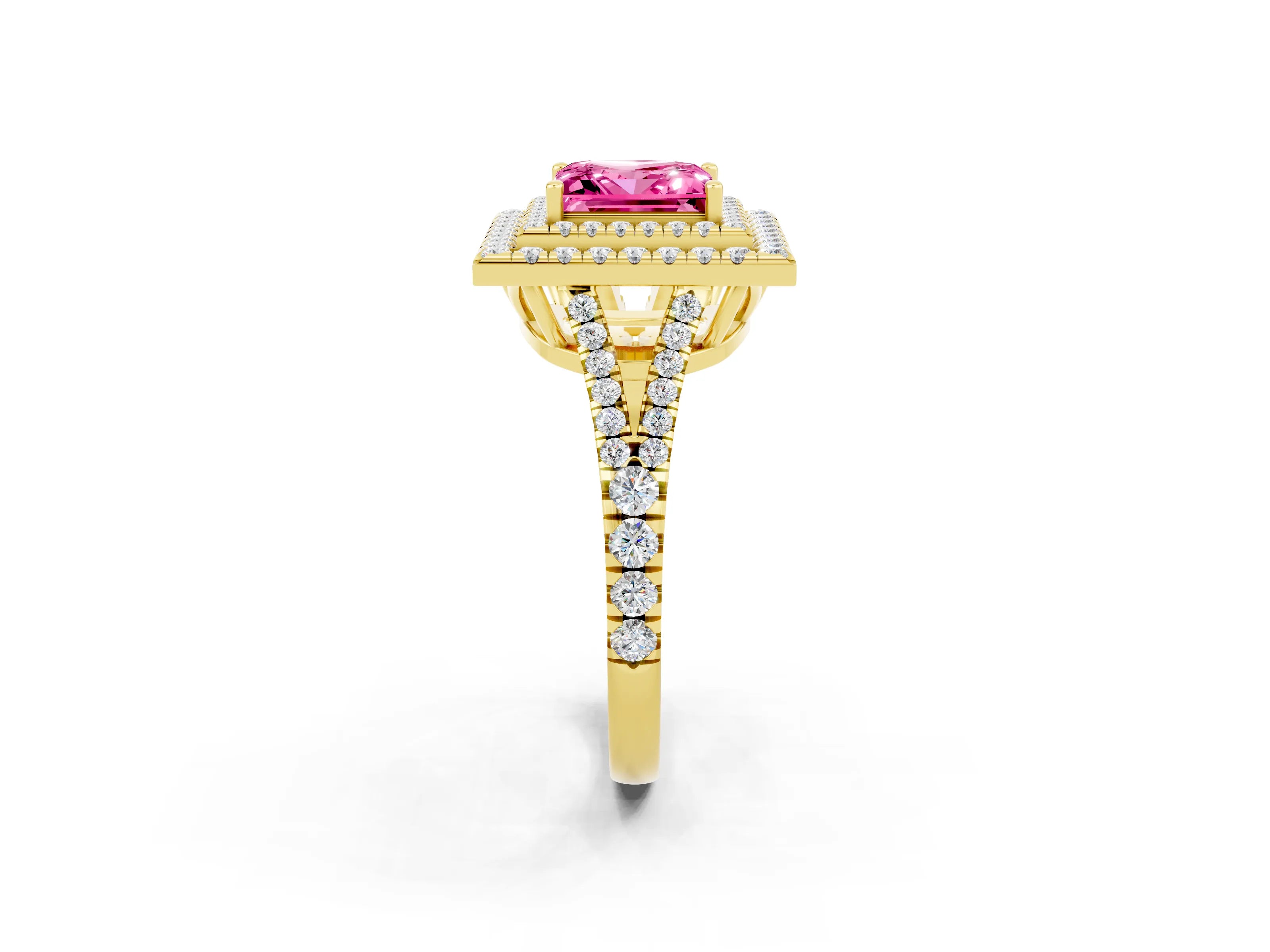 Yellow gold Princess Cut Pink Sapphire Double Halo Ring with Pavé Band and Prong Setting_14