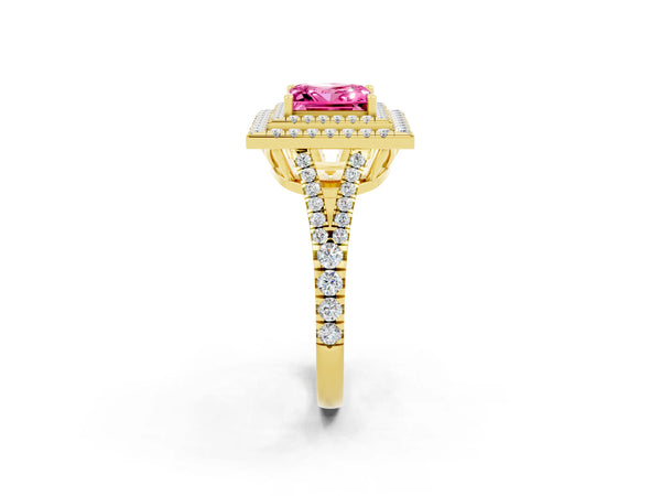 Yellow gold Princess Cut Pink Sapphire Double Halo Ring with Pavé Band and Prong Setting