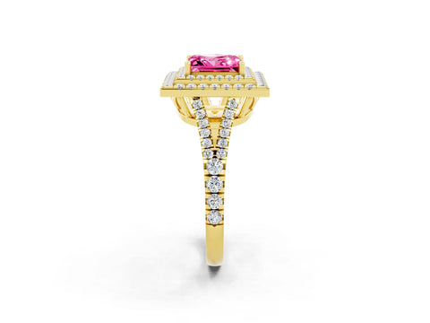 Yellow gold Princess Cut Pink Sapphire Double Halo Ring with Pavé Band and Prong Setting_14