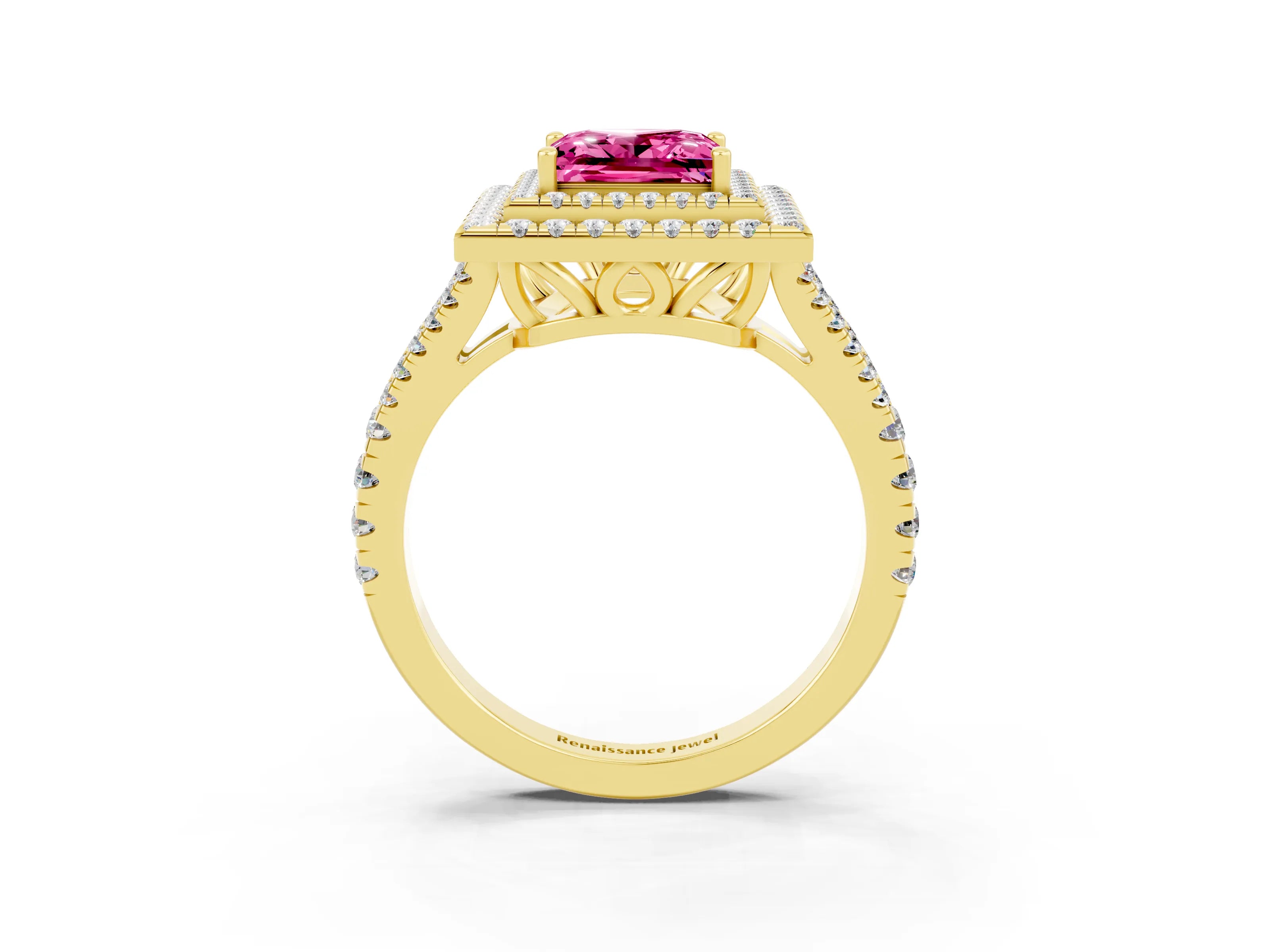 Yellow gold Princess Cut Pink Sapphire Double Halo Ring with Pavé Band and Prong Setting_15