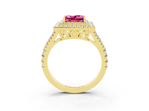 Yellow gold Princess Cut Pink Sapphire Double Halo Ring with Pavé Band and Prong Setting