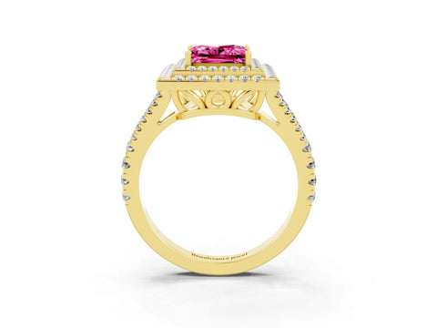 Yellow gold Princess Cut Pink Sapphire Double Halo Ring with Pavé Band and Prong Setting_15