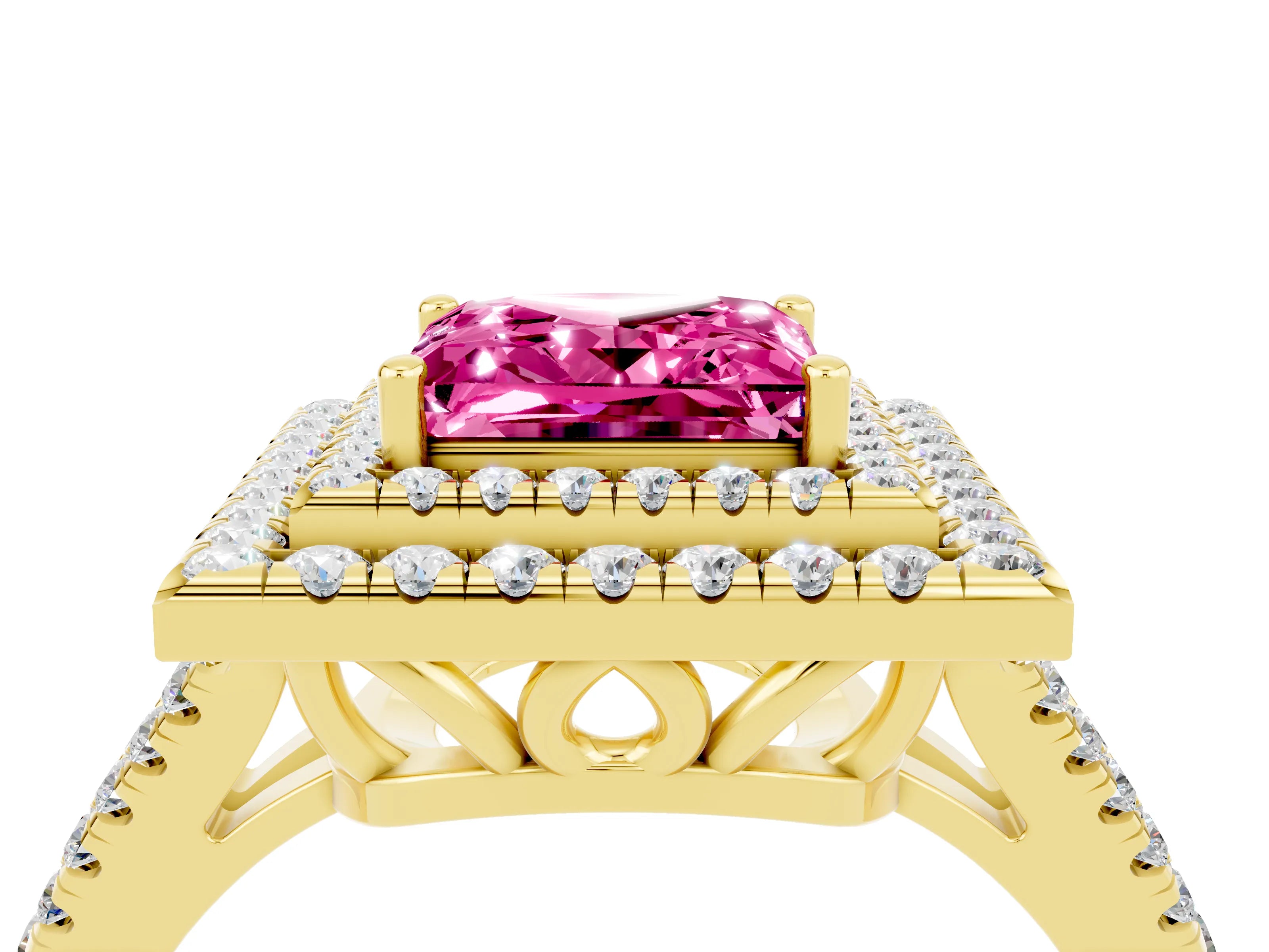 Yellow gold Princess Cut Pink Sapphire Double Halo Ring with Pavé Band and Prong Setting_16