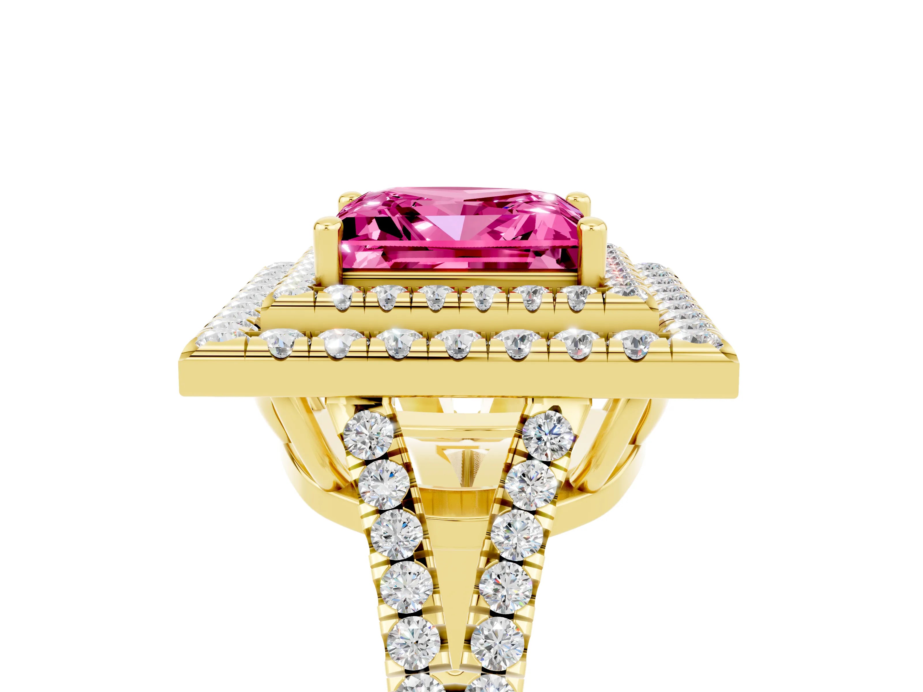 Yellow gold Princess Cut Pink Sapphire Double Halo Ring with Pavé Band and Prong Setting_17