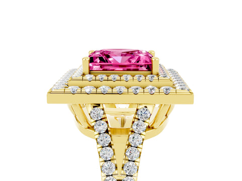 Yellow gold Princess Cut Pink Sapphire Double Halo Ring with Pavé Band and Prong Setting_17