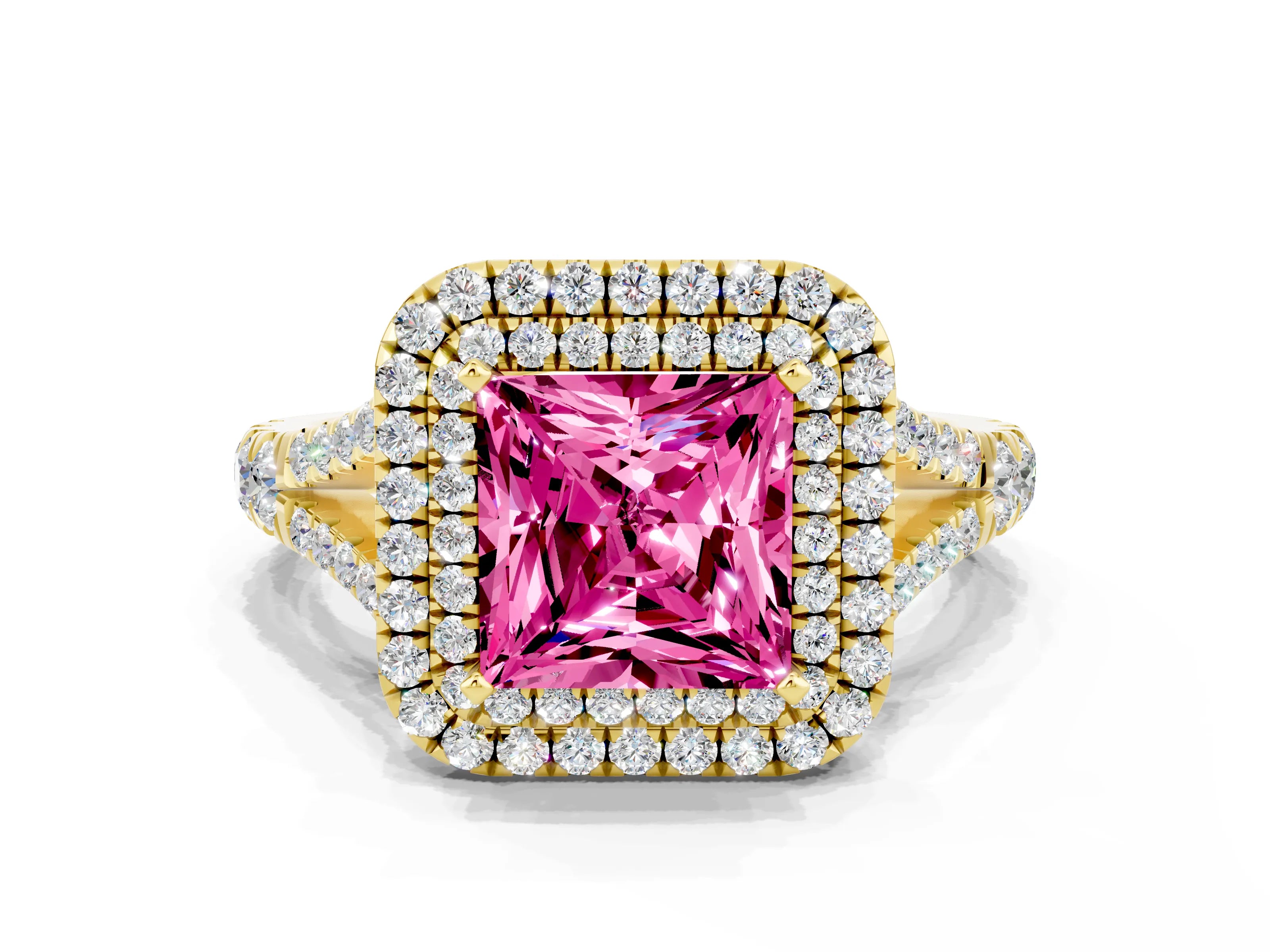 Yellow gold Princess Cut Pink Sapphire Double Halo Ring with Split Shank and Prong Setting_12