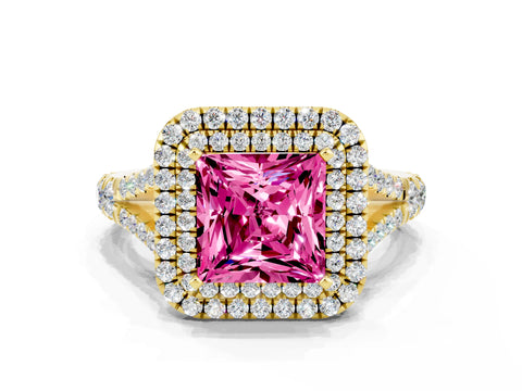 Yellow gold Princess Cut Pink Sapphire Double Halo Ring with Split Shank and Prong Setting_12