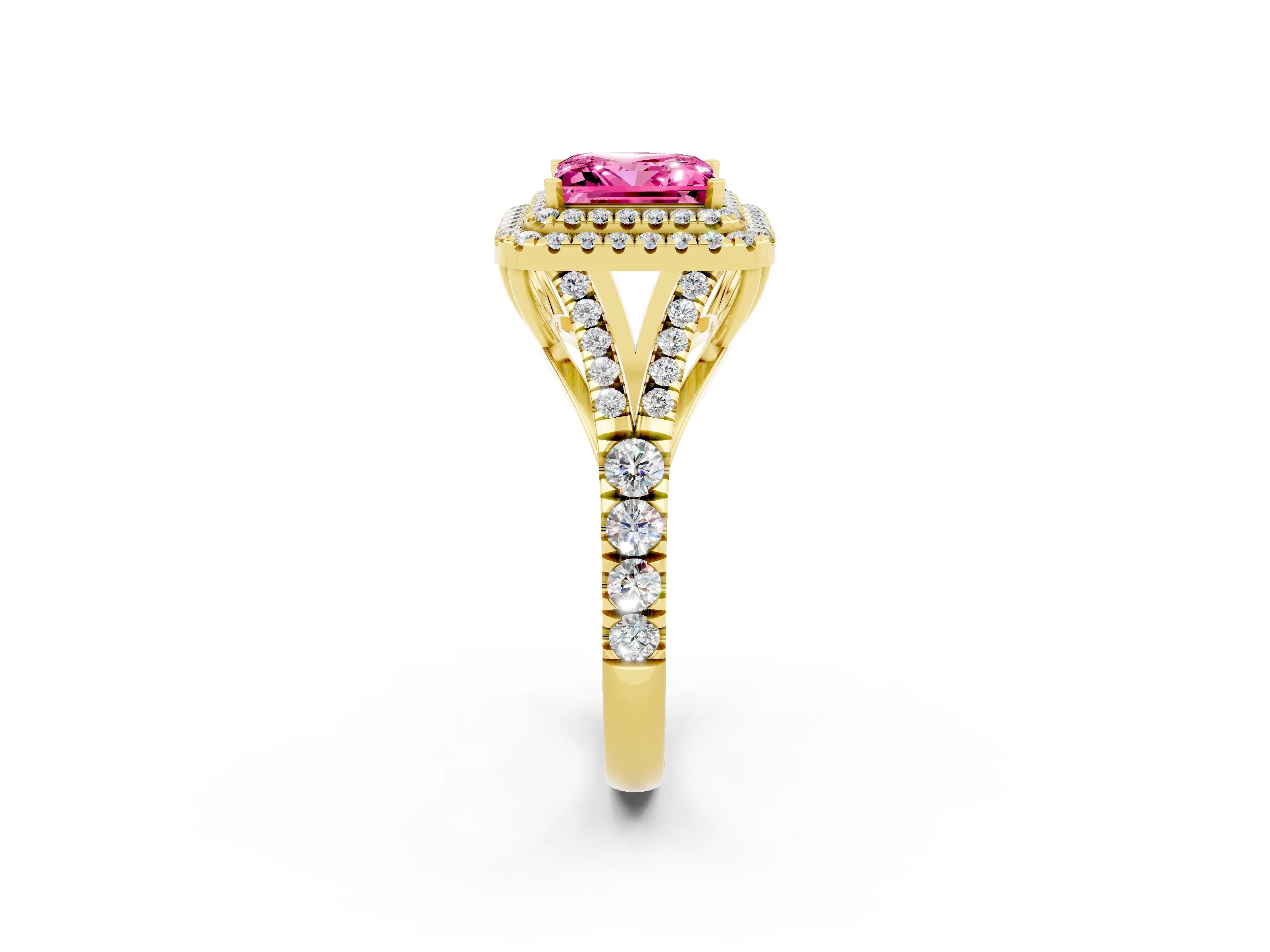 Yellow gold Princess Cut Pink Sapphire Double Halo Ring with Split Shank and Prong Setting_14
