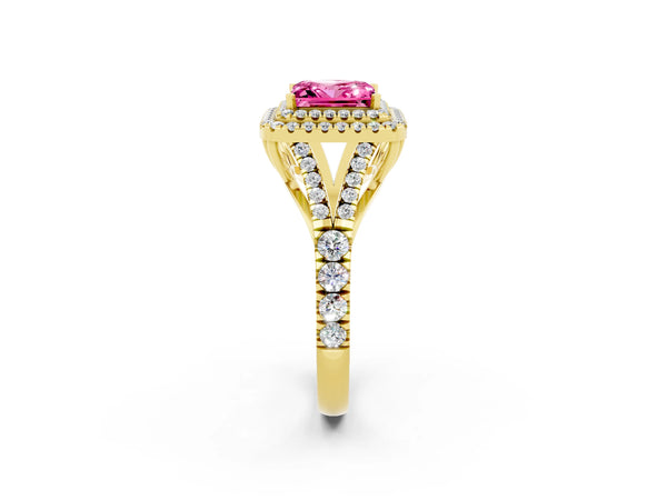 Yellow gold Princess Cut Pink Sapphire Double Halo Ring with Split Shank and Prong Setting
