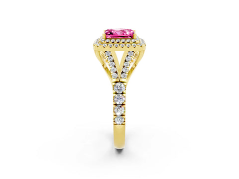 Yellow gold Princess Cut Pink Sapphire Double Halo Ring with Split Shank and Prong Setting_14
