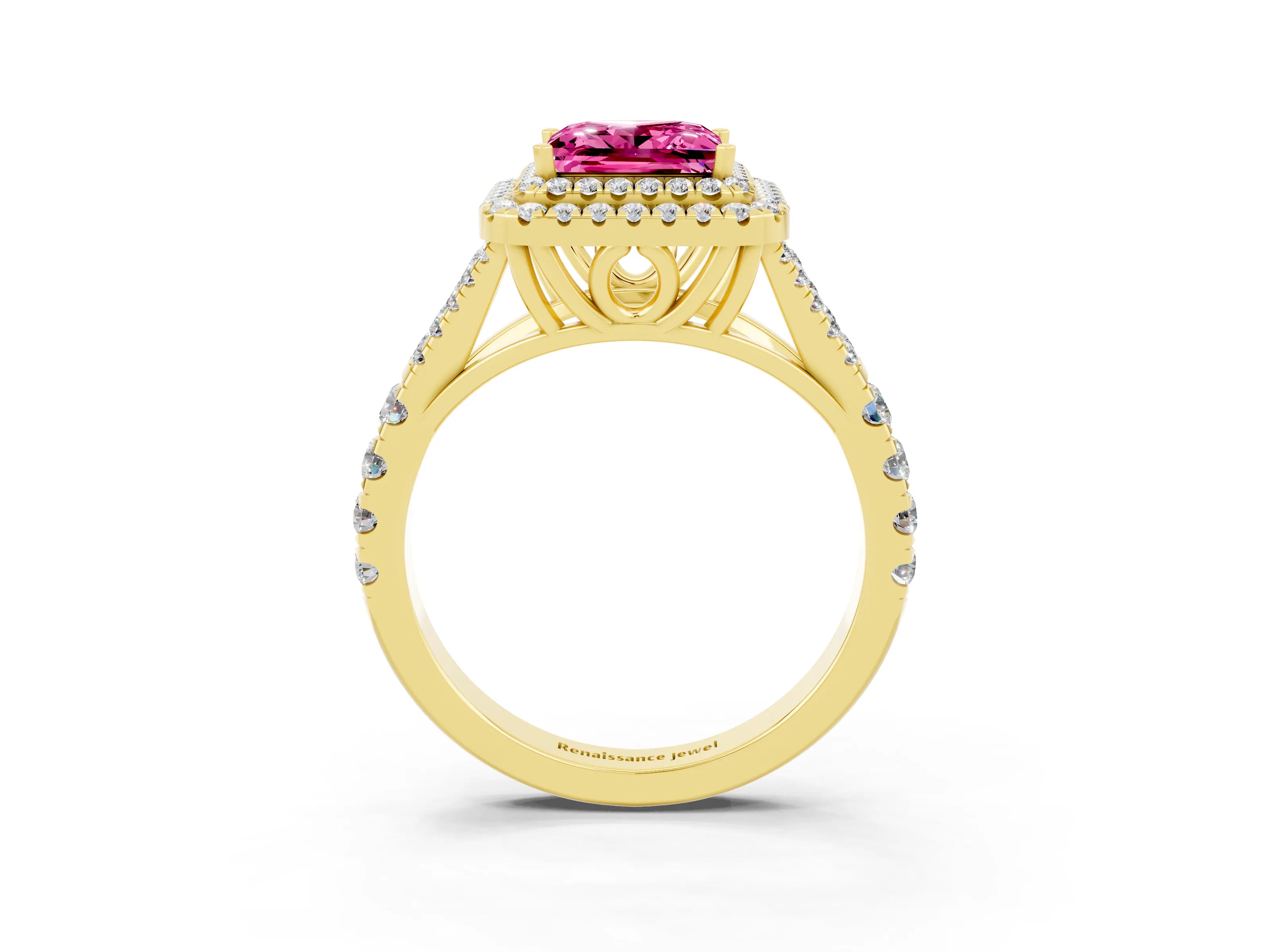 Yellow gold Princess Cut Pink Sapphire Double Halo Ring with Split Shank and Prong Setting_15