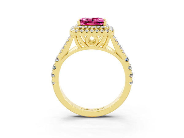 Yellow gold Princess Cut Pink Sapphire Double Halo Ring with Split Shank and Prong Setting