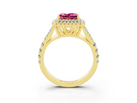 Yellow gold Princess Cut Pink Sapphire Double Halo Ring with Split Shank and Prong Setting_15