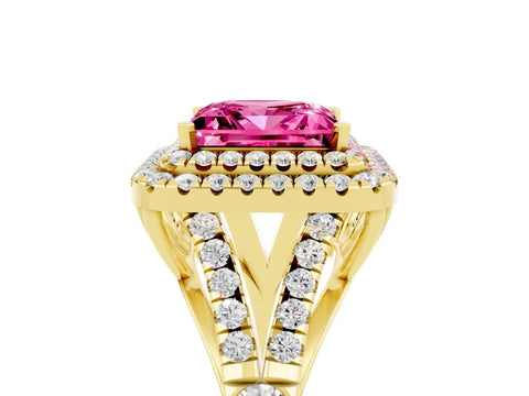 Yellow gold Princess Cut Pink Sapphire Double Halo Ring with Split Shank and Prong Setting_17