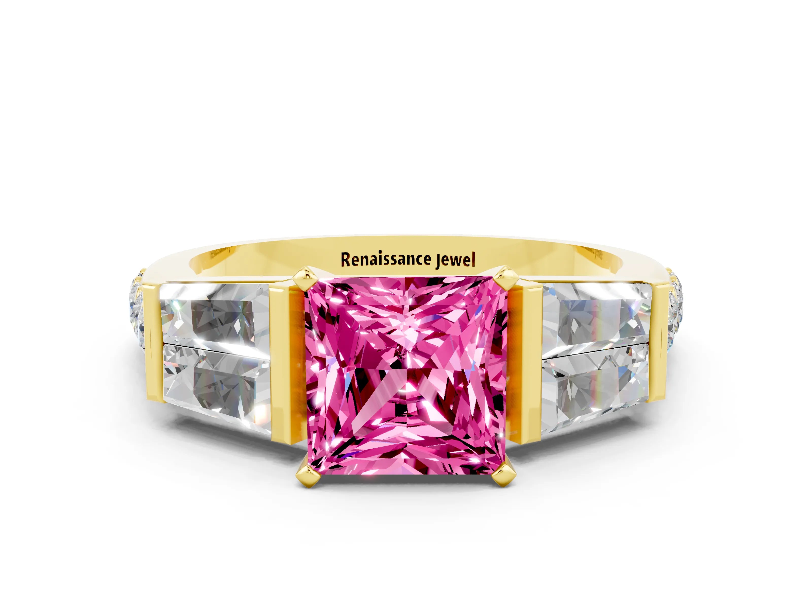 Yellow gold Princess Cut Pink Sapphire Engagement Ring with Baguette Side Stones and Channel Set Band