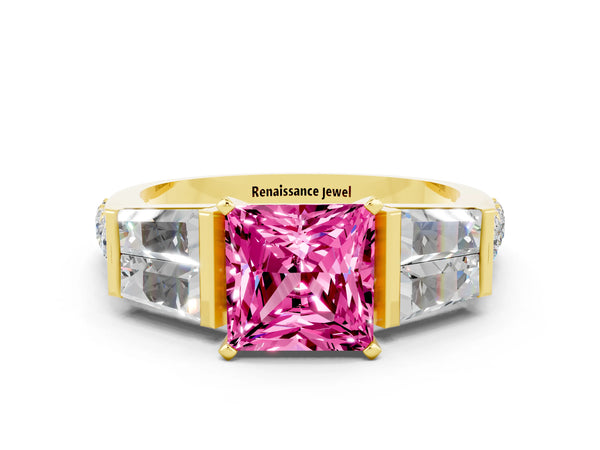 Yellow gold Princess Cut Pink Sapphire Engagement Ring with Baguette Side Stones and Channel Set Band