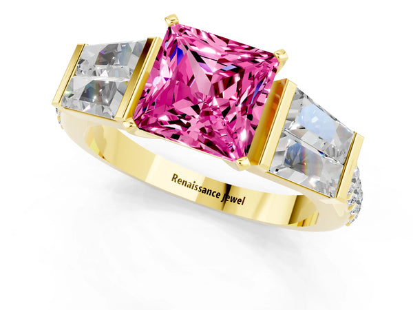 Yellow gold Princess Cut Pink Sapphire Engagement Ring with Baguette Side Stones and Channel Set Band