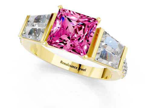 Yellow gold Princess Cut Pink Sapphire Engagement Ring with Baguette Side Stones and Channel Set Band_1