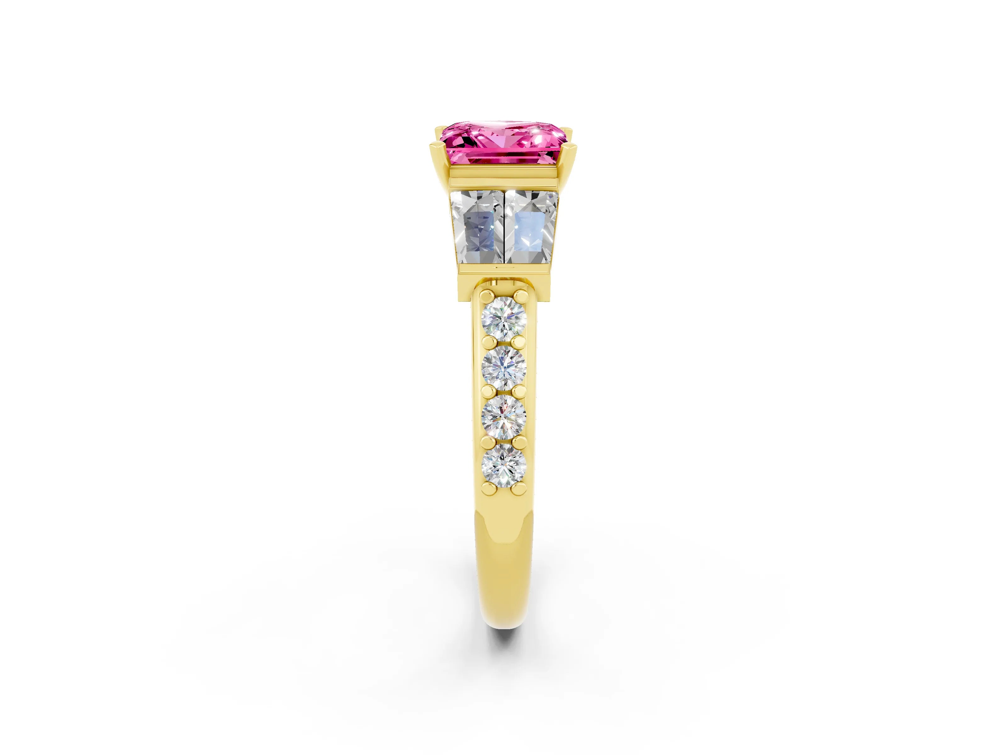Yellow gold Princess Cut Pink Sapphire Engagement Ring with Baguette Side Stones and Channel Set Band_2