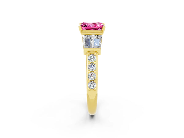Yellow gold Princess Cut Pink Sapphire Engagement Ring with Baguette Side Stones and Channel Set Band