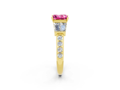 Yellow gold Princess Cut Pink Sapphire Engagement Ring with Baguette Side Stones and Channel Set Band_2