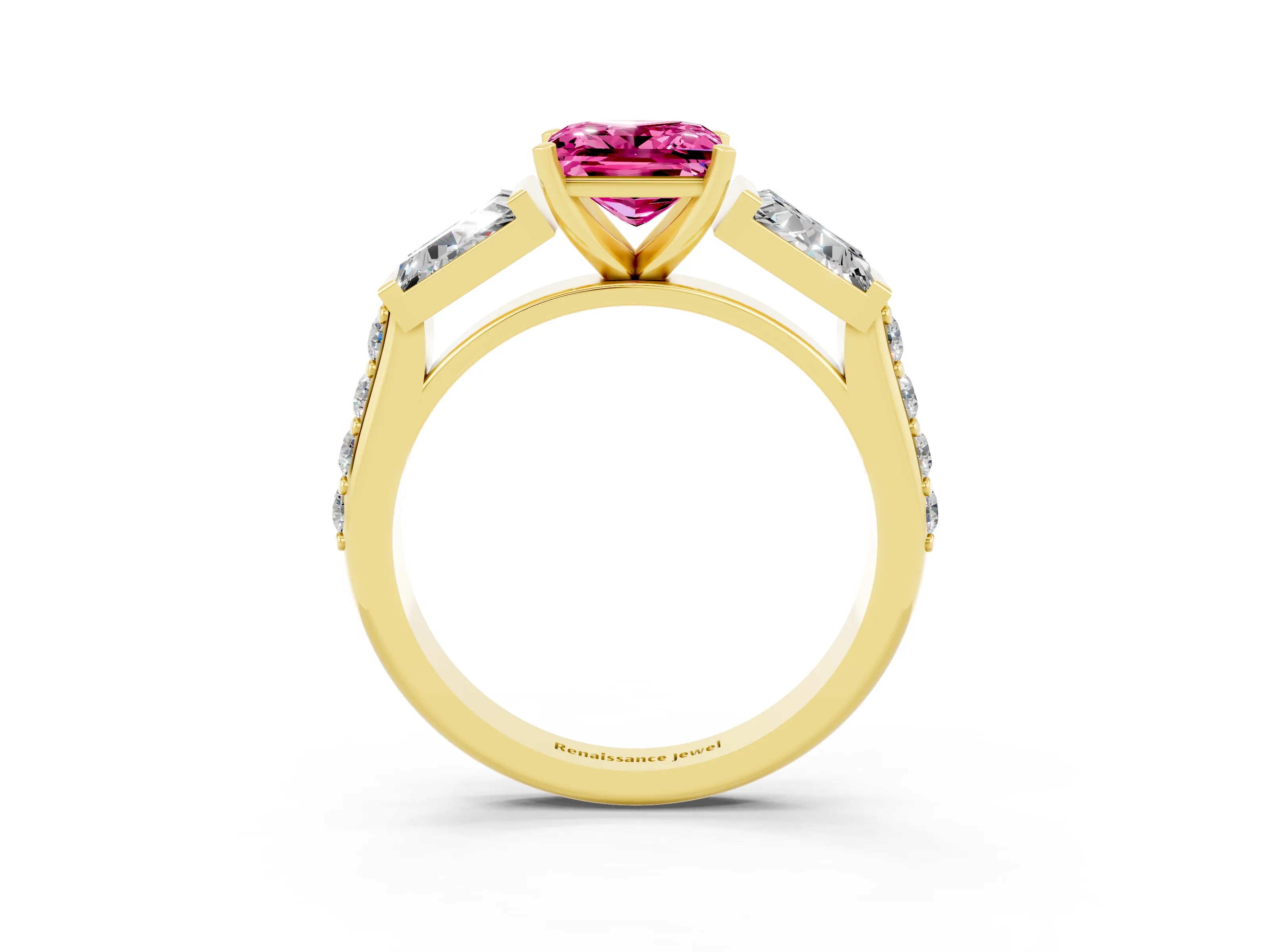 Yellow gold Princess Cut Pink Sapphire Engagement Ring with Baguette Side Stones and Channel Set Band_3